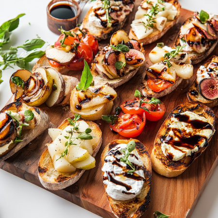A vibrant platter of assorted crostini with regional Italian cheeses, featuring grilled slices of rustic bread, topped with a variety of flavorful combinations, showcasing different Italian cheeses, such as gorgonzola and pears, pecorino romano and figs, taleggio and caramelized onions, and burrata and cherry tomatoes, drizzled with olive oil, balsamic glaze, or honey, and arranged attractively on a wooden board, perfect for sharing and exploring the diversity of Italian cheese, isolated on a clean white background.の素材