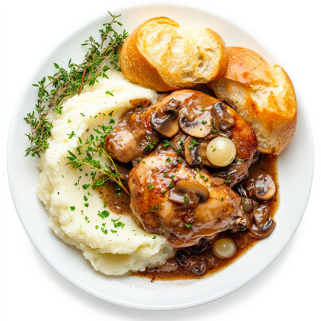 A vibrant plate of coq au vin blanc, chicken braised in white wine with mushrooms, pearl onions, and herbs, served with creamy mashed potatoes and a side of crusty baguette to soak up the flavorful sauce, garnished with fresh thyme and parsley, isolated on a clean white background.の素材