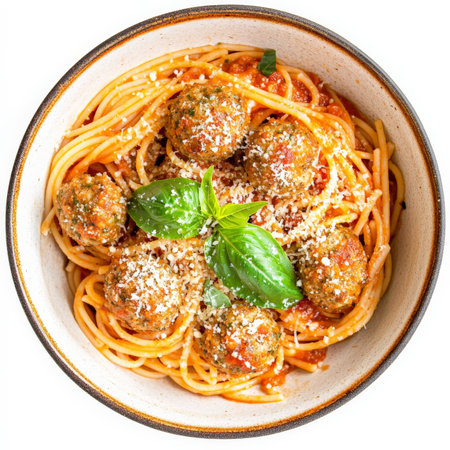 A vibrant bowl of spaghetti alla chitarra con pallotte, featuring square-shaped spaghetti made on a guitar-like tool, tossed with a simple yet flavorful tomato sauce, and served with small meatballs made from ground beef, pork, breadcrumbs, eggs, parsley, garlic, and parmesan cheese, a traditional dish from Abruzzo, showing the homemade pasta and the perfectly seasoned meatballs, garnished with gratified pecorino romano cheese and a sprig of fresh basil, served in a rustic bowl, isolated on clean white background.の素材