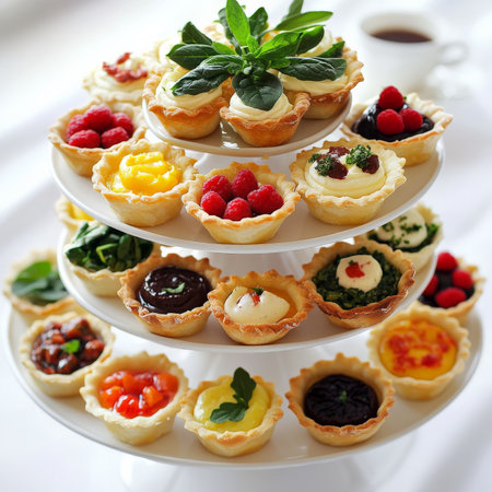 A vibrant platter of assorted mini tartelettes, featuring French tartlets, filled with a variety of sweet and savory fillings, such as lemon curd, chocolate ganache, raspberry jam, frangipane, spinach and feta, and ratatouille, arranged attractively on a tiered serving stand, perfect for a cocktail party, or a dessert buffet, showing the versatility of French pastry, and the colorful and appealing presentation, ready to be shared and enjoyed with coffee, tea, or a glass of wine, isolated on a clean white background.の素材