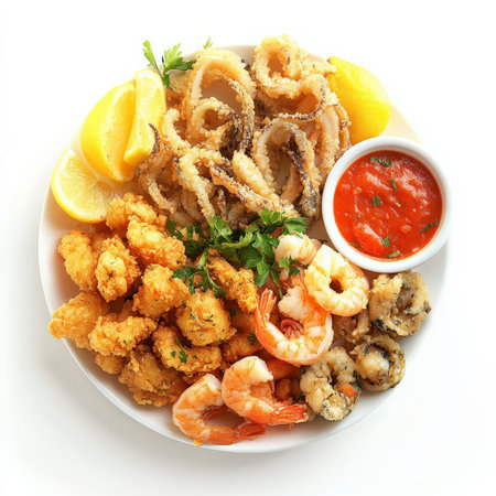 A vibrant platter of mixed fried seafood, featuring calamari, shrimp, and whitebait, battered and fried until crispy, served with a side of lemon wedges and marinara sauce, a popular Italian appetizer, isolated on clean white background.の素材