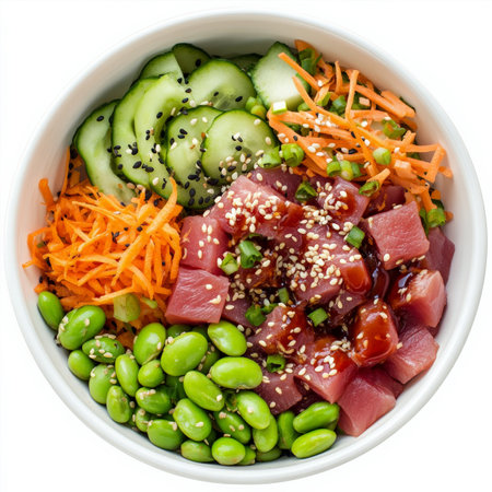 A vibrant poke bowl filled with sushi-grade tuna, avocado, edamame, shredded carrots, and sliced cucumbers, drizzled with a savory soy-sesame dressing and sprinkled with sesame seeds. Isolated on clean white backgroundの素材