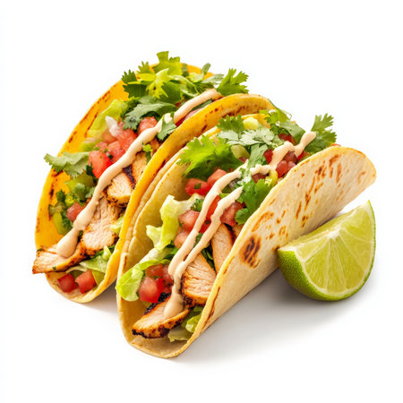 A vibrant taco trio with soft corn tortillas filled with grilled chicken, fresh salsa, shredded lettuce, and a drizzle of creamy sauce. Each taco is garnished with chopped cilantro and lime wedges for an authentic Mexican flavor. Isolated on clean white backgroundの素材