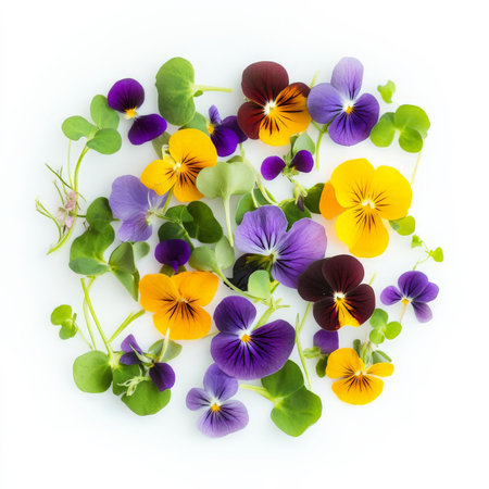 A vibrant display of microgreens and edible flowers as a garnish, adding a touch of freshness and color to a dish, emphasizing the attention to detail and the use of natural ingredients in haute cuisine, isolated on clean white background.の素材