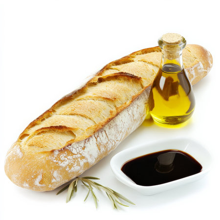 A warm, freshly baked baguette with a crisp golden crust and a soft, airy interior, served alongside a small dish of olive oil and balsamic vinegar. Isolated on clean white backgroundの素材