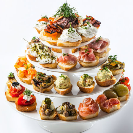 A vibrant platter of assorted cicchetti with creative toppings, featuring small plates of savory snacks, such as whipped baccalÃ (salt cod mousse) on crostini, sardine in saor (sweet and sour marinated sardines), fried olives stuffed with meat, and mini frittatas, arranged attractively on a tiered serving stand, perfect for a Venetian-themed party, highlighting the variety and freshness of Venetian cuisine, isolated on clean white background.の素材