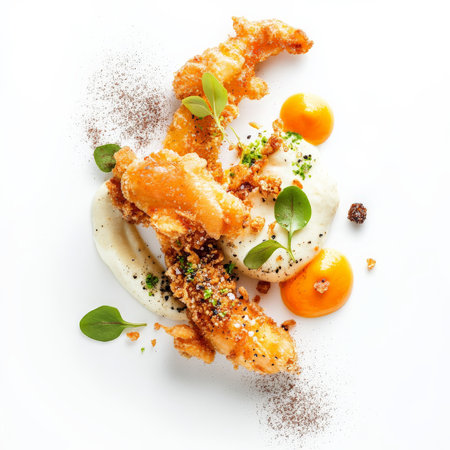 An image focusing on the textural complexity of a dish, perhaps the crispiness of fried ingredients, the smoothness of a purÃÂ©e, or the chewiness of a protein, emphasizing the role of mouthfeel in the overall dining experience, isolated on clean white background.の素材