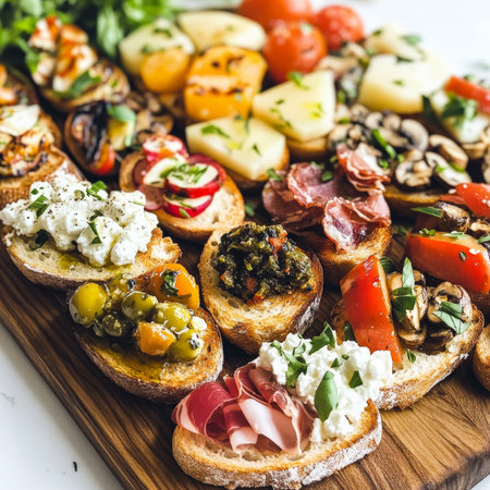 A vibrant platter of assorted crostini, featuring grilled baguette slices, topped with a variety of colorful and flavorful French ingredients, such as tapenade (olive paste), ratatouille (vegetable stew), goat cheese and honey, prosciutto and melon, and mushroom pÃÂ¢tÃÂ©, arranged attractively on a wooden board, perfect for sharing as an appetizer or light meal, highlighting the creativity and versatility of French cuisine, and offering a range of tastes and textures, ideal for a social gathering, isolated on a clean white background.の素材