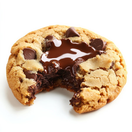A warm, gooey chocolate chip cookie with melted chocolate oozing from the center. The cookie has a golden, slightly crisp exterior and a soft, chewy inside, making it an irresistible sweet treat. Isolated on clean white backgroundの素材