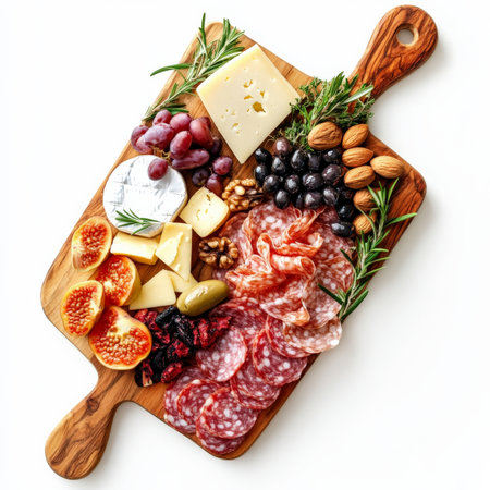 A wooden charcuterie board with an assortment of cured meats, cheeses, olives, nuts, and fresh fruits, beautifully arranged for a gourmet appetizer. Isolated on clean white backgroundの素材