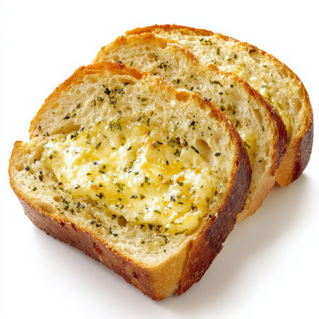 A warm loaf of garlic bread, sliced open to reveal a buttery, herb-infused spread, with melted Parmesan cheese bubbling on top. The crispy edges and soft center make it irresistible. Isolated on clean white backgroundの素材