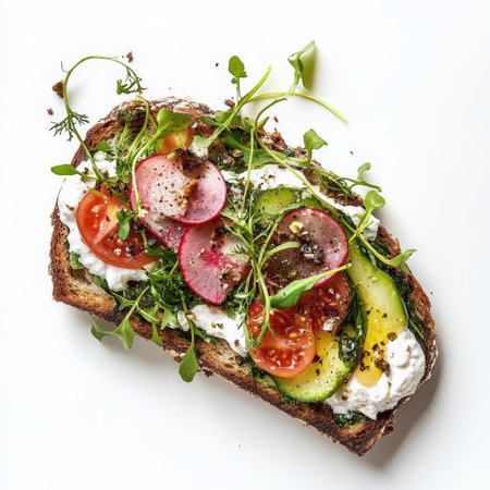 An open-faced sandwich, elevated with high-quality ingredients and artistic arrangement, showing how even seemingly simple dishes can be reimagined for haute cuisine, emphasizing balance and composition, isolated on clean white background.の素材