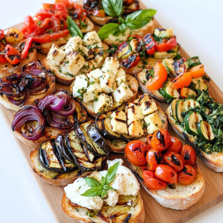 A vibrant platter of assorted bruschetta with grilled vegetables and cheese, featuring grilled slices of rustic bread, topped with a variety of colorful and flavorful combinations, such as grilled zucchini, eggplant, and bell peppers with goat cheese, caramelized onions and gorgonzola cheese, roasted tomatoes and basil with fresh mozzarella, and sautÃÂ©ed spinach and artichokes with pecorino romano cheese, drizzled with a drizzle of extra virgin olive oil, balsamic glaze, or honey, and arranged attractively on a wooden serving board, perfect for sharing as an appetizer or light meal, highlighting the freshness of Italian produce, and the diversity of cheese, isolated on a clean white background.の素材