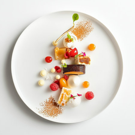 An artfully deconstructed dessert, elements scattered across a white plate, encouraging the diner to explore each flavor and texture separately, showing the chefÃ¢â¬â¢s creativity and a playful approach to a classic sweet dish, isolated on clean white background.の素材