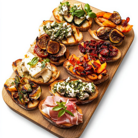 A vibrant platter of assorted crostini with various toppings, featuring grilled bread topped with goat cheese and honey, fig jam and prosciutto, sun-dried tomato pesto, and roasted vegetables, arranged artistically on a wooden board, perfect for sharing as an appetizer or light meal, isolated on clean white background.の素材