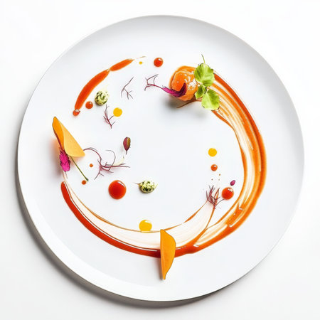 An image showing a unique plating technique: a swirled purÃÂ©e, a carefully drawn line of sauce, or a scattering of precisely placed garnish, emphasizing the artistry and precision of the chef's hand, isolated on clean white background.の素材
