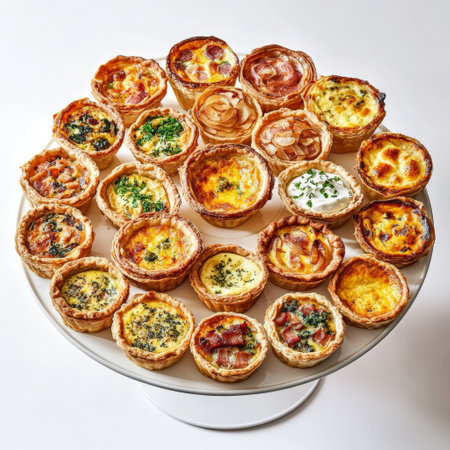 A vibrant platter of assorted quiches and tartes salÃÂ©es, featuring miniature versions of classic French savory pies, such as quiche Lorraine (bacon and GruyÃÂ¨re), tarte aux oignons (onion tart), tarte au chÃÂ¨vre (goat cheese tart), and tarte flambÃÂ©e (Alsatian-style flatbread with crÃÂ¨me fraÃÂ®che, onions, and bacon), arranged attractively on a tiered serving stand, perfect for a brunch or a light lunch buffet, showing the diversity of French savory baking, and the variety of flavors and textures, ready to be shared and enjoyed with a glass of dry white wine, isolated on a clean white background.の素材