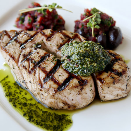 A plate of grilled tuna with tapenade and pistou, featuring a perfectly grilled tuna steak, seasoned with olive oil and herbs, and served with two distinct and flavorful sauces, a black olive tapenade, made from olives, capers, anchovies, garlic, and olive oil, and a vibrant green pistou, similar to pesto, made from fresh basil, garlic, tomatoes, olive oil, and sometimes cheese, showing the blend of Mediterranean influences with classic French techniques, and the perfect pairing of seafood and aromatic sauces, arranged artistically on a white plate, and ready to be enjoyed as a light and healthy, yet flavorful main course, isolated on a clean white background.の素材