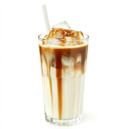 A tall glass of iced caramel macchiato, layered with espresso, milk, and drizzled caramel syrup, served with ice cubes and a straw. A popular coffeehouse drink. Isolated on clean white backgroundの素材