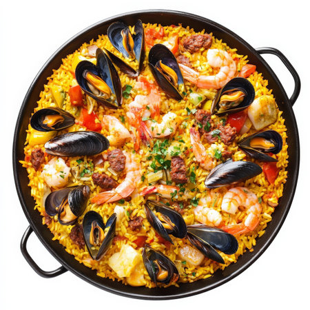 A traditional Spanish paella in a large pan, filled with saffron-infused rice, mussels, shrimp, chorizo, and roasted red peppers. The dish has a rich golden color and bold flavors. Isolated on clean white backgroundの素材