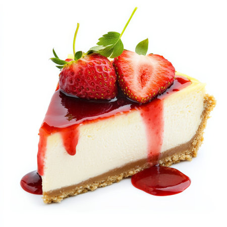 A slice of classic New York-style cheesecake with a rich, creamy filling and a buttery graham cracker crust. Topped with fresh strawberries and a drizzle of strawberry sauce. Isolated on clean white backgroundの素材