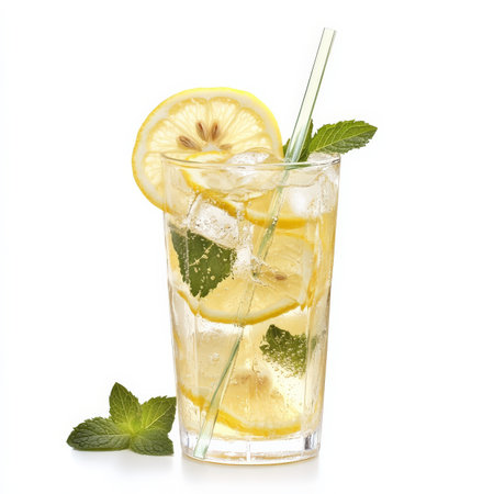 A tall glass of homemade iced lemonade with fresh lemon slices, mint leaves, and ice cubes, served with a straw. A refreshing summer beverage. Isolated on clean white backgroundの素材