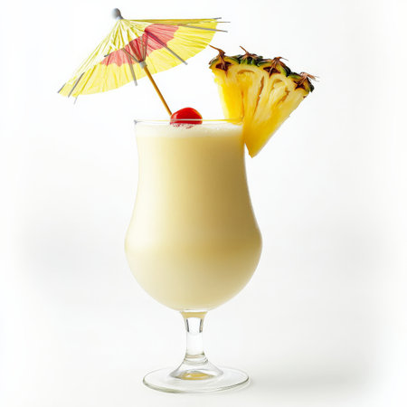 A tropical piÃÂ±a colada cocktail in a tall glass, garnished with a slice of pineapple, a maraschino cherry, and a tiny umbrella. A perfect vacation drink. Isolated on clean white backgroundの素材