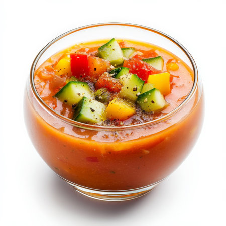 A vibrant summer gazpacho, a cold tomato-based soup blended with cucumbers, bell peppers, and onions, served in a glass bowl with a drizzle of olive oil. A refreshing and healthy dish. Isolated on clean white backgroundの素材