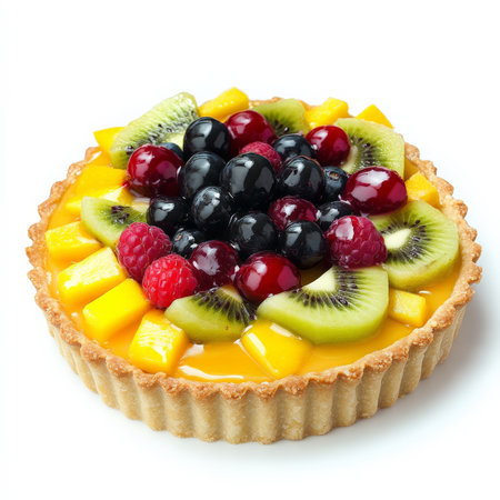 A vibrant fruit tart with a buttery pastry crust filled with smooth vanilla custard, topped with an assortment of fresh berries, kiwi slices, and mango chunks. A glossy glaze enhances the presentation. Isolated on clean white backgroundの素材