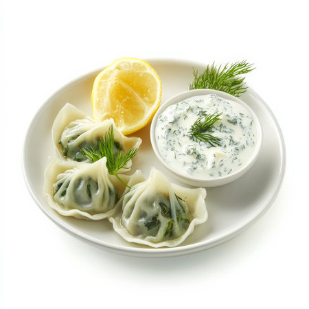 Chinese jiaozi dumplings reimagined with Greek flavors and fillings: steamed dumplings filled with spinach, feta cheese, and dill, served with a lemon-herb yogurt sauce, a fun and flavorful meeting of cultures, isolated on a clean white background.の素材