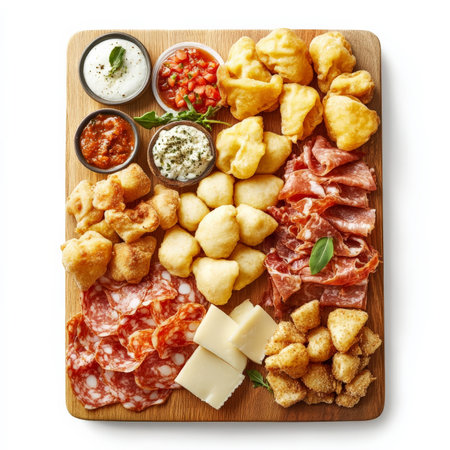 A vibrant platter of assorted gnocco fritto and tigelle, featuring crispy fried dough pillows and small flatbreads, served with a selection of cured meats, cheeses, and sauces for filling and dipping, a specialty from the Emilia-Romagna region, showing the regional flavors and textures, arranged attractively on a wooden board, perfect for sharing, isolated on clean white background.の素材