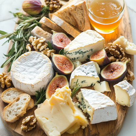 A vibrant platter of assorted goat cheese, featuring different types of French goat cheese, such as Crottin de Chavignol, Buche de ChÃÂ¨vre, and Sainte-Maure de Touraine, served with fresh figs, honey, walnuts, and crusty baguette slices, arranged artfully on a wooden board, perfect for sharing as an appetizer or dessert, and showing the diversity and complexity of French goat cheese, isolated on a clean white background.の素材