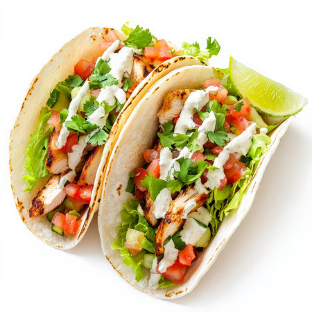 A vibrant taco trio with soft corn tortillas filled with grilled chicken, fresh salsa, shredded lettuce, and a drizzle of creamy sauce. Each taco is garnished with chopped cilantro and lime wedges for an authentic Mexican flavor. Isolated on clean white backgroundの素材