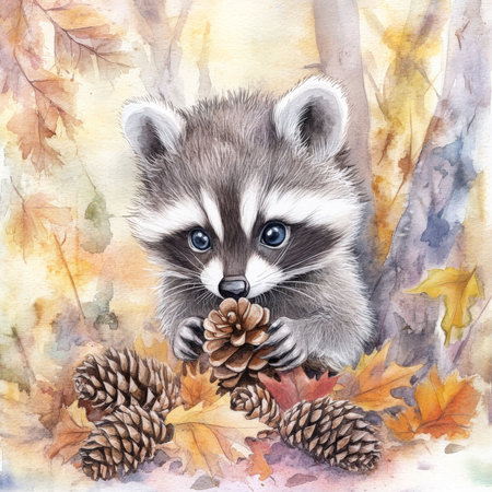 Dreamy watercolor baby raccoon with bright, curious eyes, playing with fallen pinecones and autumn leaves. The soft textures of its fur and the pastel-colored forest backdrop create a whimsical, magical woodland scene.の素材