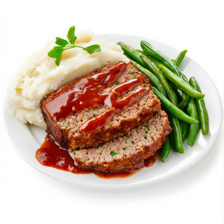 A thick slice of meatloaf glazed with tangy tomato sauce, served alongside buttery mashed potatoes and garlic green beans. This classic American comfort dish evokes home-cooked warmth, ideal for a hearty family dinner or nostalgic meal. Isolated on clean white backgroundの素材