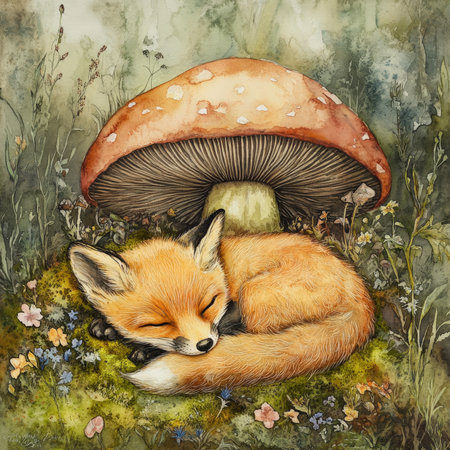 Dreamy watercolor baby fox with soft orange fur, curled up beneath a large mushroom, surrounded by soft forest moss and wildflowers. The scene captures the serenity and innocence of the woodland creature in a magical, peaceful setting.の素材