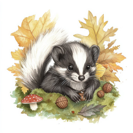 Watercolor baby skunk with fluffy white stripes, resting peacefully in a patch of soft green moss. Surrounded by tiny mushrooms, acorns, and leaves, this adorable woodland creature is captured in a serene, dreamy forest setting.の素材