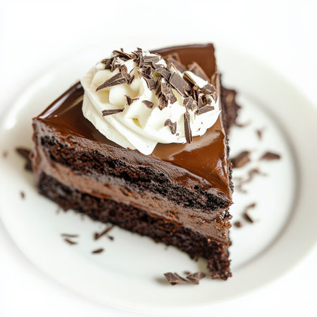 A slice of rich chocolate cake layered with dark chocolate ganache and topped with chocolate shavings. Served with a dollop of whipped cream for an indulgent dessert experience. Isolated on clean white backgroundの素材