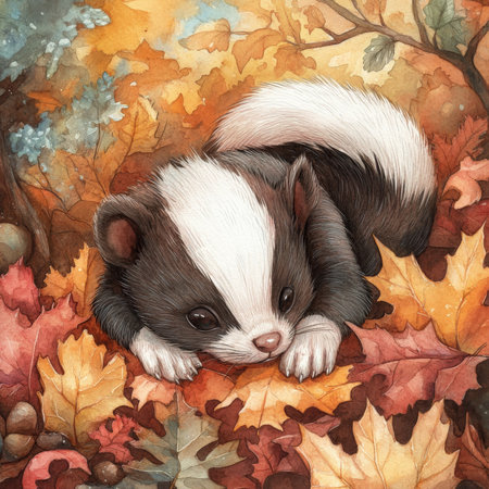 Watercolor baby skunk with soft white stripes and tiny paws, resting peacefully among autumn leaves. The dreamy woodland scene is filled with soft lighting and pastel hues, creating a serene and magical atmosphere.の素材