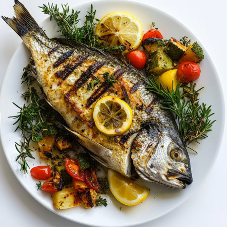 A plate of grilled whole fish with lemon and herbs, featuring a fresh whole fish (such as branzino or sea breath), grilled to perfection and seasoned with salt, pepper, olive oil, lemon slices, and aromatic herbs like rosemary and thyme, served with a side of roasted vegetables or a simple salad, showing the natural flavors of the fish and the beauty of Italian grilling techniques, arranged elegantly on a white platter, and ready to be filled and enjoyed, isolated on a clean white background.の素材