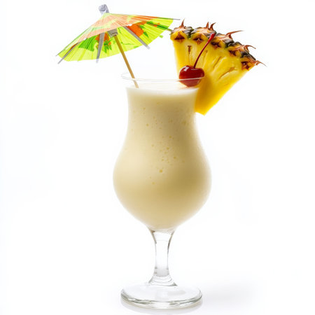 A tropical piÃÂ±a colada cocktail in a tall glass, garnished with a slice of pineapple, a maraschino cherry, and a tiny umbrella. A perfect vacation drink. Isolated on clean white backgroundの素材