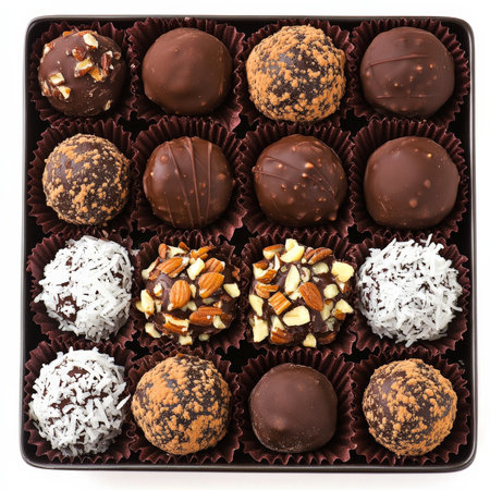 A tray of chocolate truffles with a rich, velvety ganache center, coated in cocoa powder, chopped nuts, and shredded coconut, arranged in an elegant display. Isolated on clean white backgroundの素材