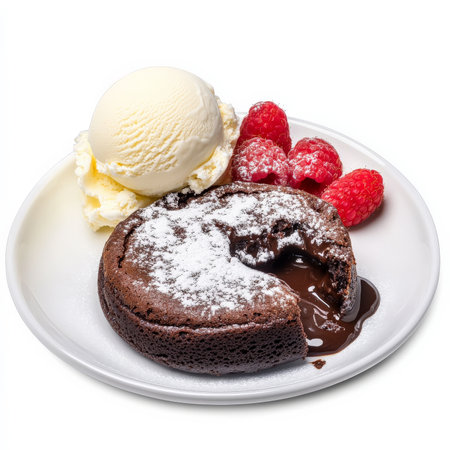 A decadent chocolate lava cake with a molten, gooey center, served warm and dusted with powdered sugar. This rich dessert is paired with a scoop of vanilla ice cream and a few fresh raspberries for a perfect finish to any meal. Isolated on clean white backgroundの素材