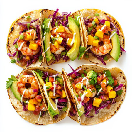 A vibrant and spicy shrimp taco trio on soft corn tortillas, topped with shredded cabbage, mango salsa, avocado slices, and a drizzle of chipotle mayo. A burst of color and flavor perfect for street food lovers or summer dining. Isolated on clean white backgroundの素材