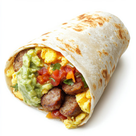 A hearty breakfast burrito stuffed with scrambled eggs, sausage, potatoes, cheese, and salsa, wrapped in a warm flour tortilla. Served with sour cream and guacamole, itÃ¢â¬â¢sa satisfying and portable morning meal. Isolated on clean white backgroundの素材