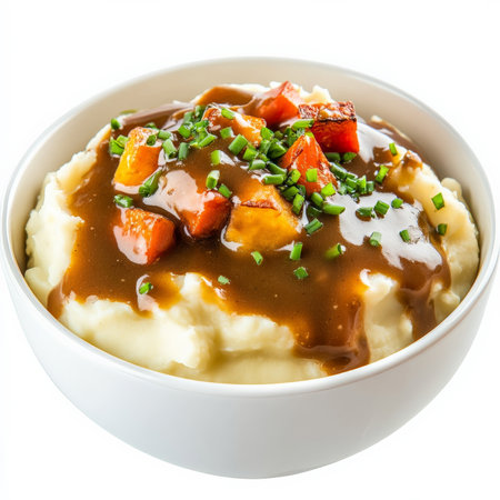 A bowl of comforting mashed potatoes topped with a rich brown gravy, garnished with fresh chives and served alongside roasted vegetables. This classic side dish is creamy, savory, and perfect for pairing with a variety of main courses. Isolated on clean white backgroundの素材