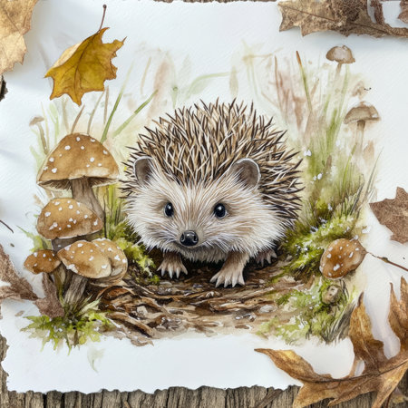 Watercolor baby hedgehog gently exploring a forest path, surrounded by tiny mushrooms and soft, dewy moss. Its fluffy quills and tiny paws are delicately painted in soft tones, capturing the innocence and charm of this woodland creature.の素材