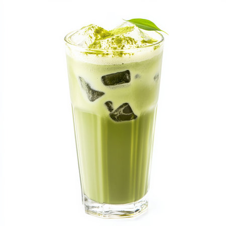 A tall glass of iced matcha latte made with green tea powder, cold milk, and ice cubes. Topped with foam and a sprinkle of matcha for a refreshing modern drink. Isolated on clean white backgroundの素材