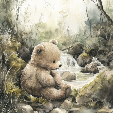 Dreamy watercolor baby bear with soft, fluffy fur sitting by a woodland stream, surrounded by moss-covered rocks and tall grass. The peaceful, serene forest scene evokes warmth and comfort with soft earthy tones.の素材
