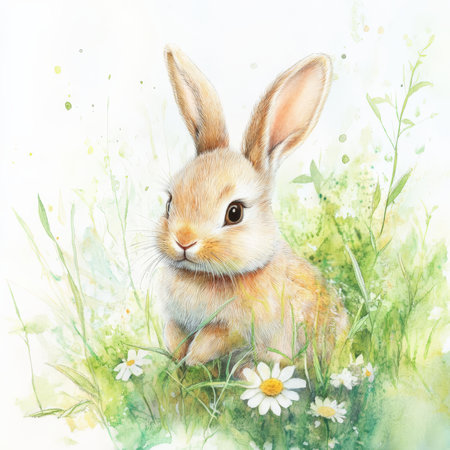 Watercolor baby rabbit with long, fluffy ears, hopping through a meadow of soft green grasses and delicate wildflowers. The peaceful woodland scene is filled with gentle sunlight, casting a warm, dream-like glow over the adorable creature.の素材